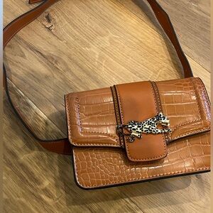 Topshop Tan Croc-Embossed waist belt bag with Leopard Accent